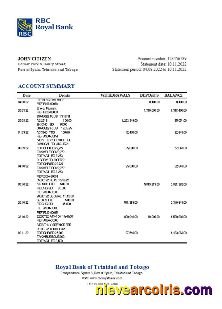 Trinidad and Tobago Royal bank statement, Excel and PDF